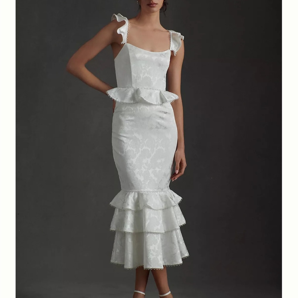 V. Chapman Violet Corset Ruffled Tiered Hem Midi Dress